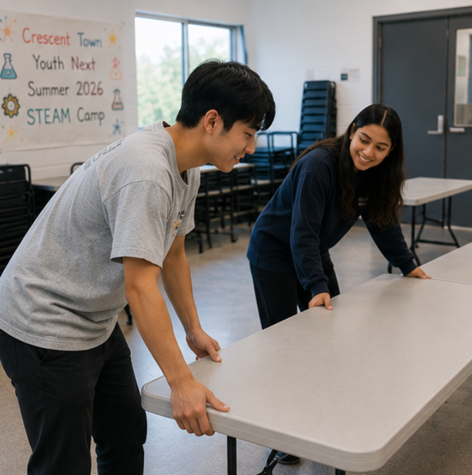 Volunteers setting up tables for the STEAM program